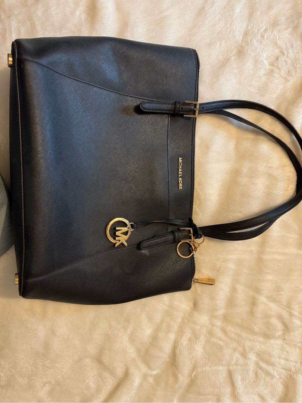 Michael Kors Black Leather Tote with Gold MK Charm